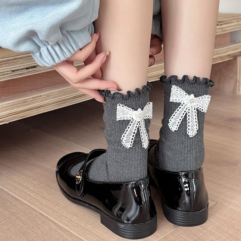 Female Spring and Autumn Sweet Heel Bow Wooden Ear Edge Ballet Wind Drum Pile Socks
