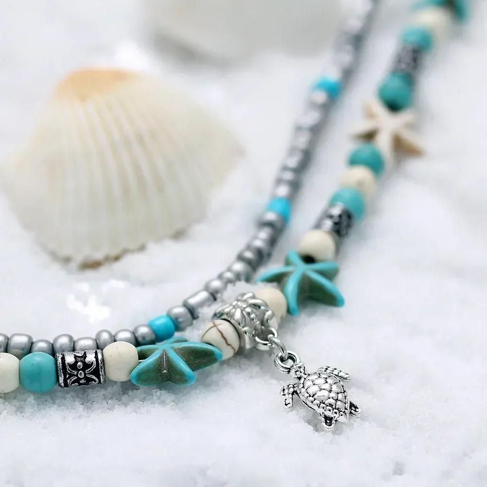 Blue Turtle Ankle Chain Women Multi Layer Beaded Handmade Beach Ankle Bracelet Set Bohemian Foot Jewelry