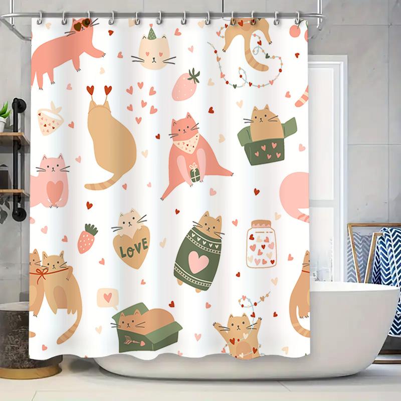 

Adorable Kitten Pattern Shower Curtain For Bathroom Decor Pink Hearts Design With 3D Hook Rings Perfect Gift Idea W60H190(CM)-1 Pcs
