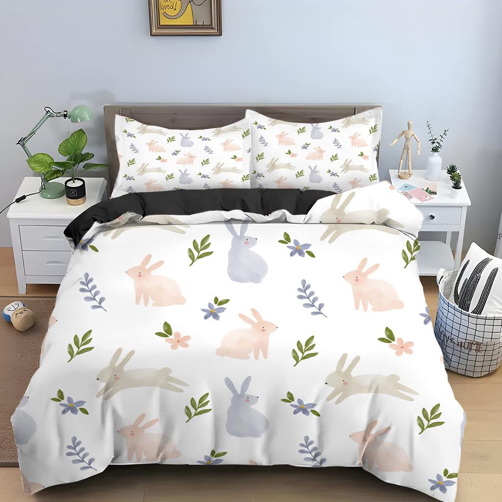 Rabbit Duvet Cover Set Polyester Comforter Cover Twin Size,Pink Floral For Girls Women Cute Bunny Bedding Set With Pillowcase