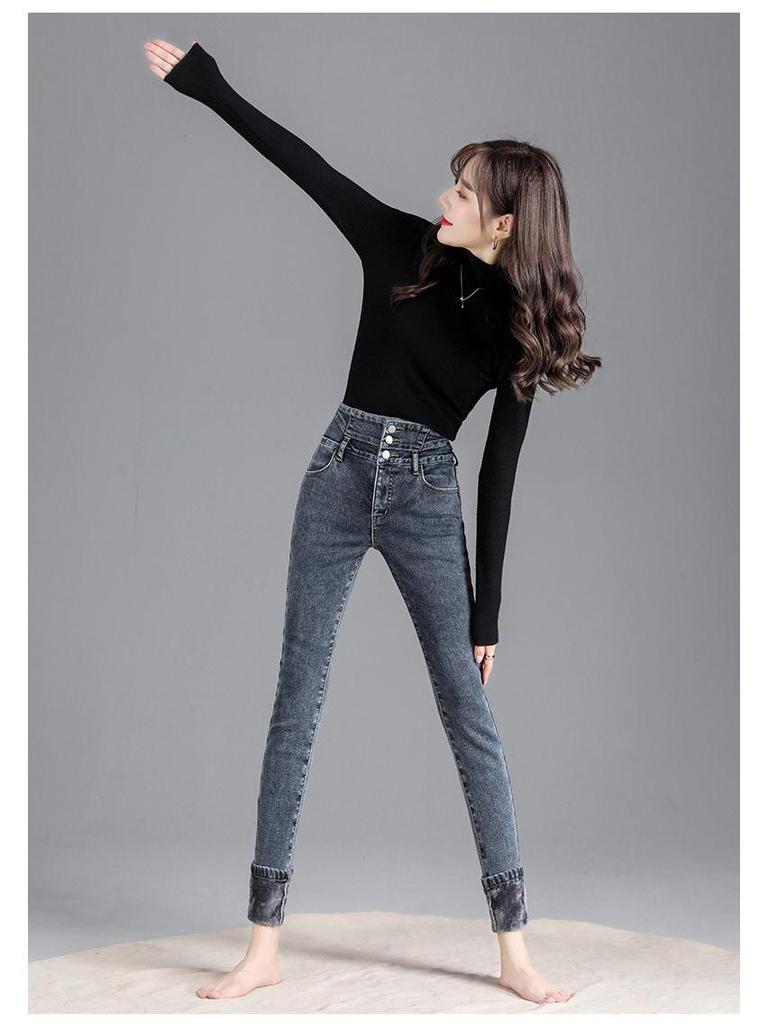 High-Waist Skinny Velvet-Lined Jeans - Women's Casual Japanese Korean Style, Autumn/Winter 2025.