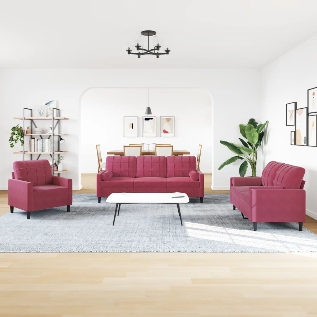 3 Piece Sofa Set with Cushions and Neck Rolls Burgundy Velvet