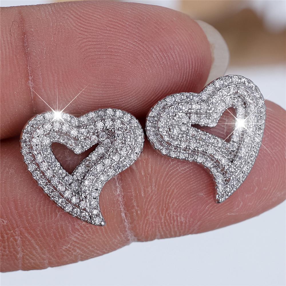 Cute Female Small White Zircon Stone Heart Wedding  Vintage Silver Color Stud Earrings For Women