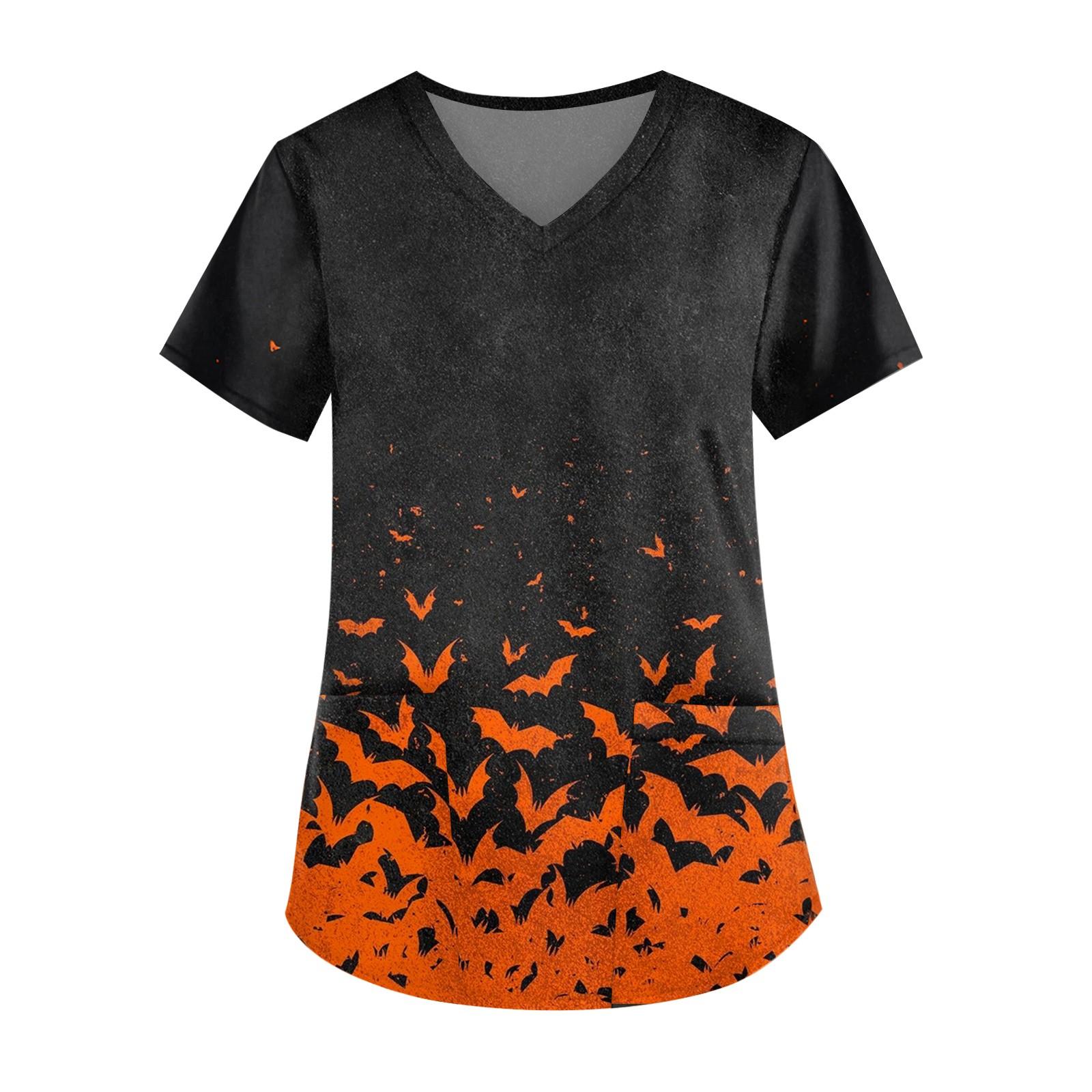 

Fashion V-neck Women s Short Sleeved Work Clothes With Pocket Printed Loose Top XL оранжевый