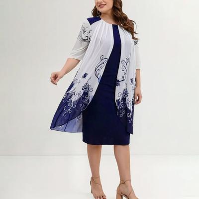 Women's Plus Size Cape Dress with Floral Chiffon Overlay Formal Bodycon Pencil Midi Dress for Wedding Cocktail Party Work