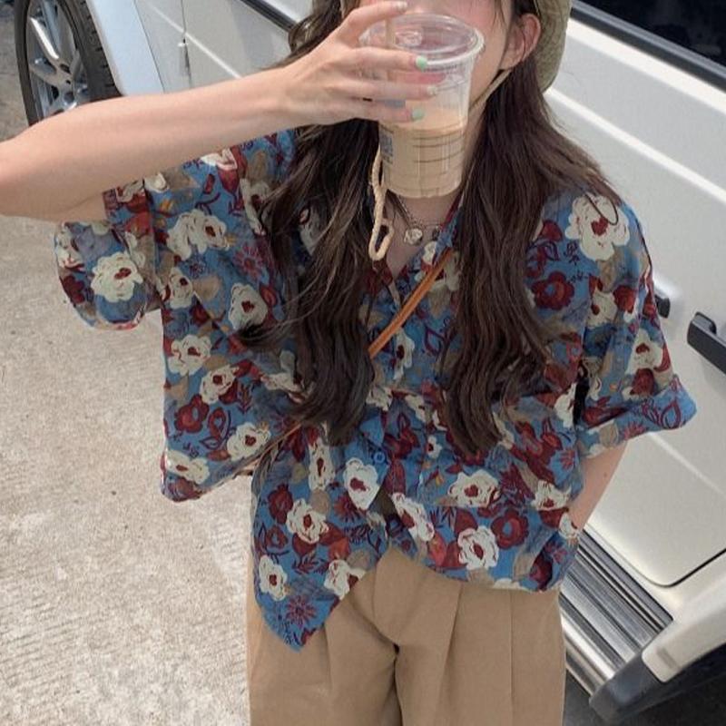 

Летняя Новинка Модная Рубашка с Воротником ПОЛО и Коротким Рукавом Женская Уличная Повседневная Кардиган на Пуговицах Винтажный Принт Блузка на Все Случаи Жизни XXL синий