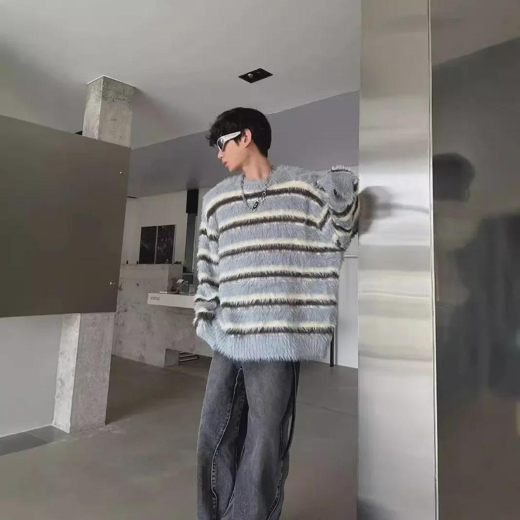 Pánský plyšový mohérový svetr s černobílým pruhem - Špičkový jednoduchý pletený design