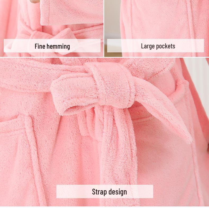 Women's Mid-Length Coral Fleece Yukata: Warm Autumn & Winter Bathrobe with Lapel