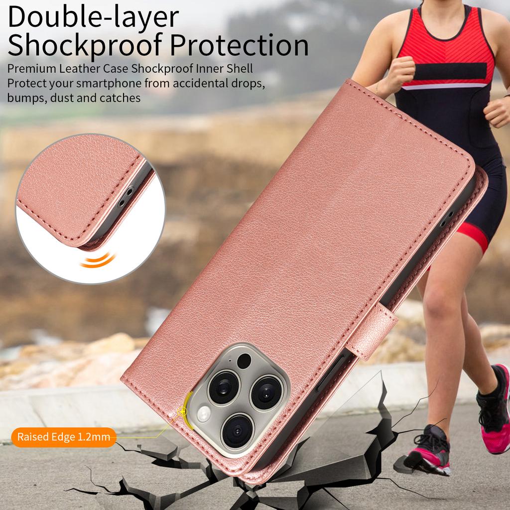 For iPhone 15 Pro Leather Case Litchi Texture RFID Blocking Wallet Stand Phone Cover