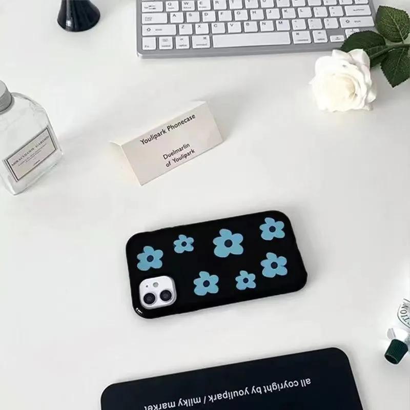 INS Fashion Blue Flower Phone Case For IPhone 16 Pro 15 14 13 12 11Promax XS XR 7 8 Plus Fashion Anti Fall Minimalist Cover Y2k