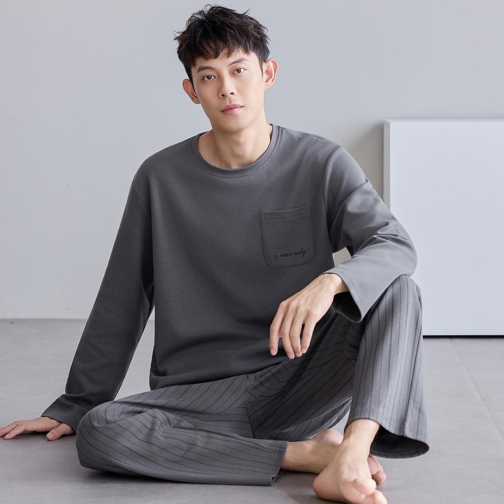 Men's Plus Size Pure Cotton Long-Sleeve Pajamas - Spring & Autumn Style for All Ages