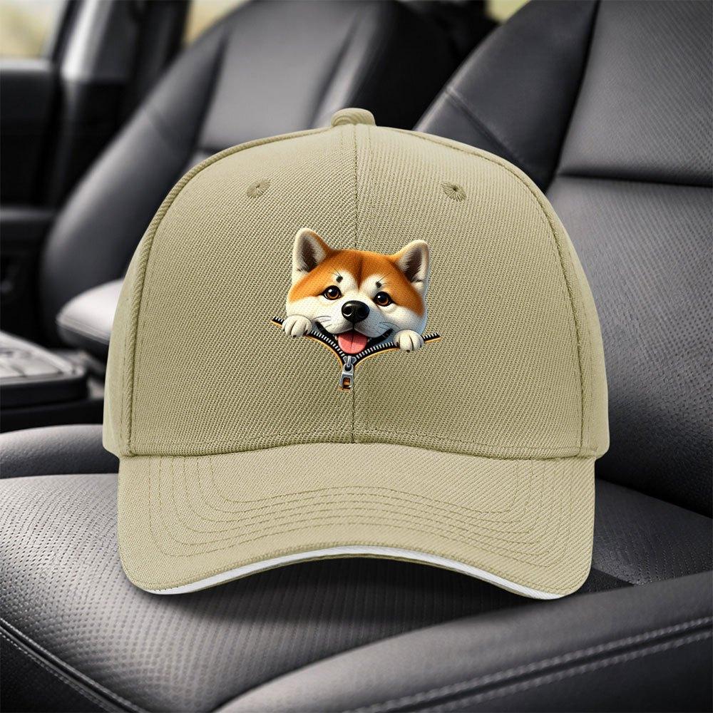 Shiba Inu Baseball Cap with Zipper Sandwich Design Adjustable Duckbill Hat Lightweight Unisex Black Cap