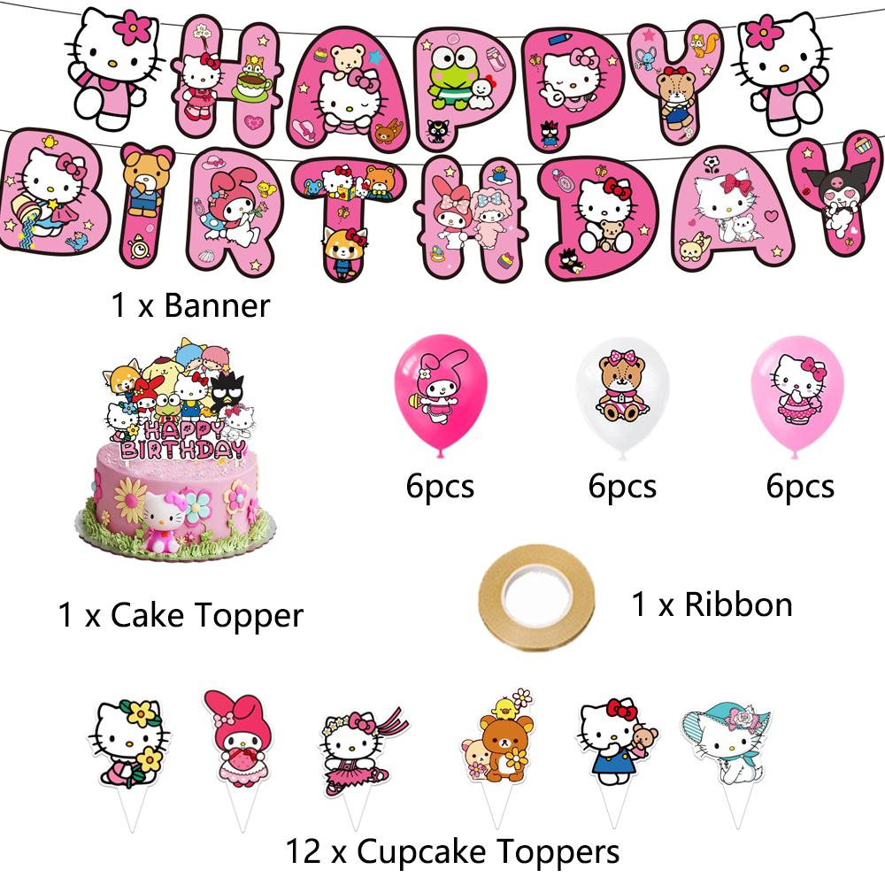 33pcs Hello Kitty Birthday Decorations Include Banners, Cake Toppers, Balloons
