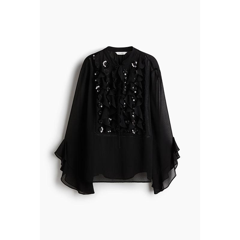 

[Zhizhen Series] HM Women clothes Shirts Summer Fashion V-neck Decorations Long sleeve Top 1266288 Black 155/80(XS)