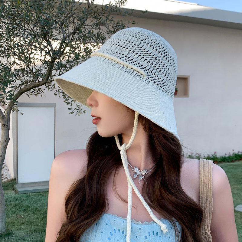 Hollow Bucket Hat Women's Summer Sunscreen Knitted Hat Basin Hat Large Brim Sun Hat Rear Split Tide