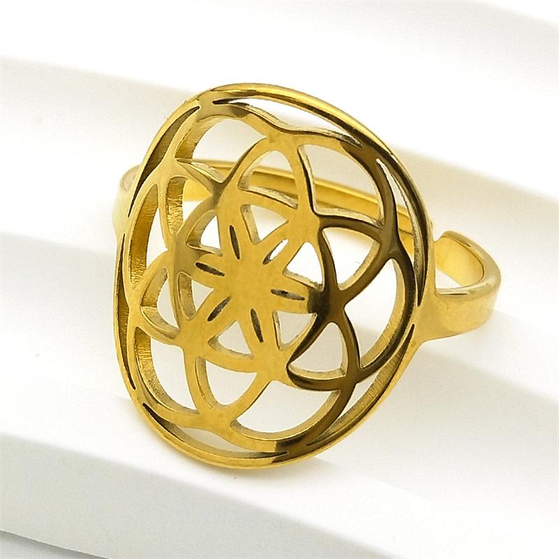 Flower Seed of Life Mandala Ring for Women Men Stainless SAteel Gold Color Sacred Geometric Adjustable Rings Jewelry anillo