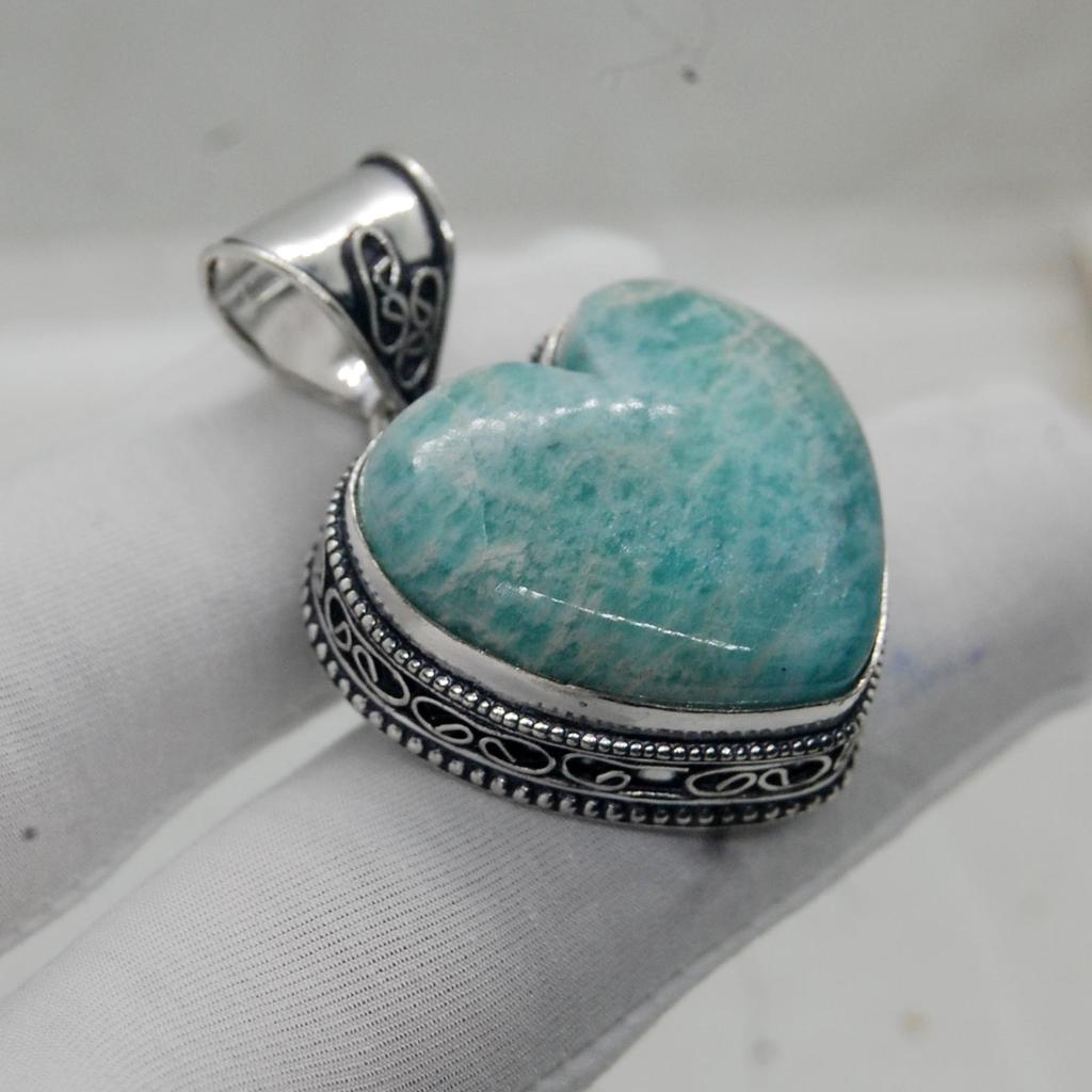 Heart Shape Amazonite Gemstone 925 Sterling Silver Pendant Jewelry, Love Gift Wedding Pendant Jewelry