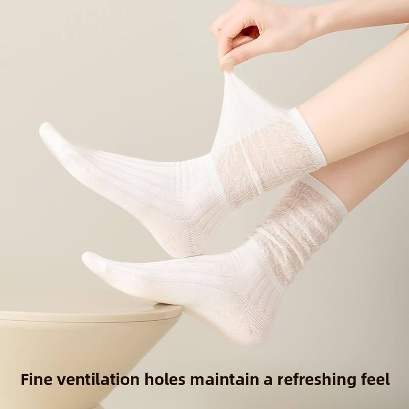 5 Pairs of Women's Summer Solid Color Cotton Breathable Loose Mouth Cool Feeling In The Middle Tube Pile Socks