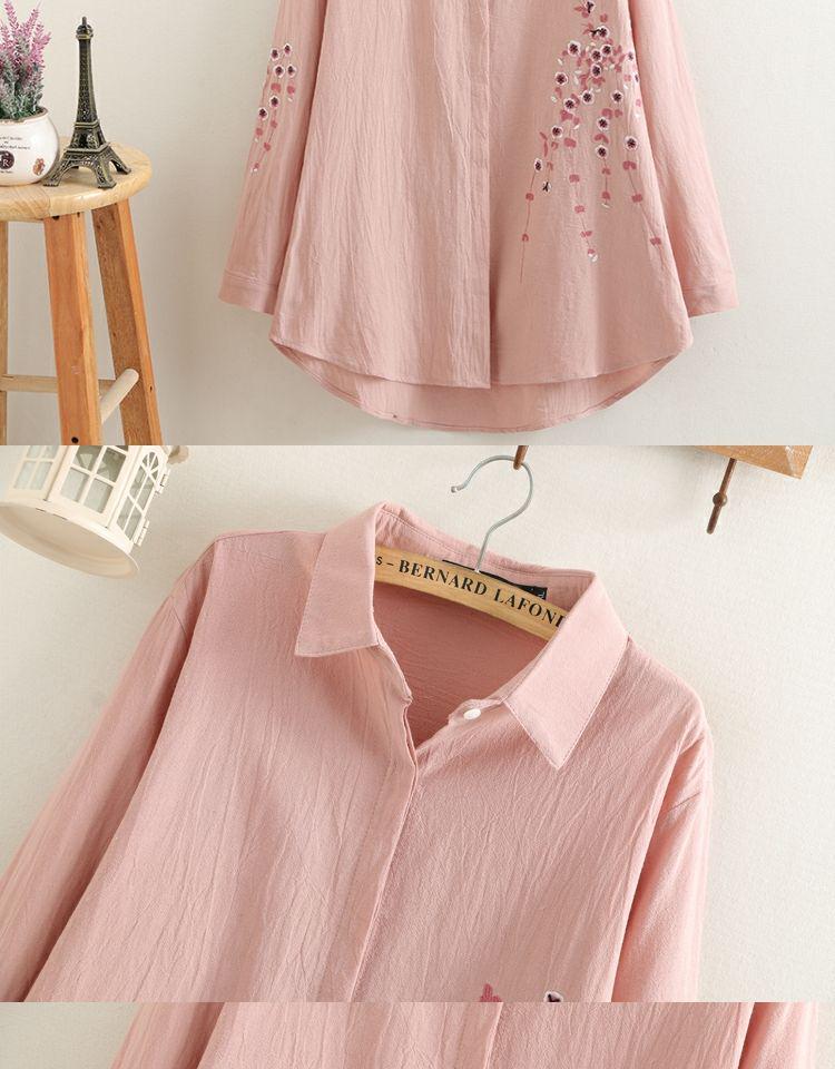 Spring Plus Size Women's Embroidered Cotton Linen Mid-Length Shirt 2025