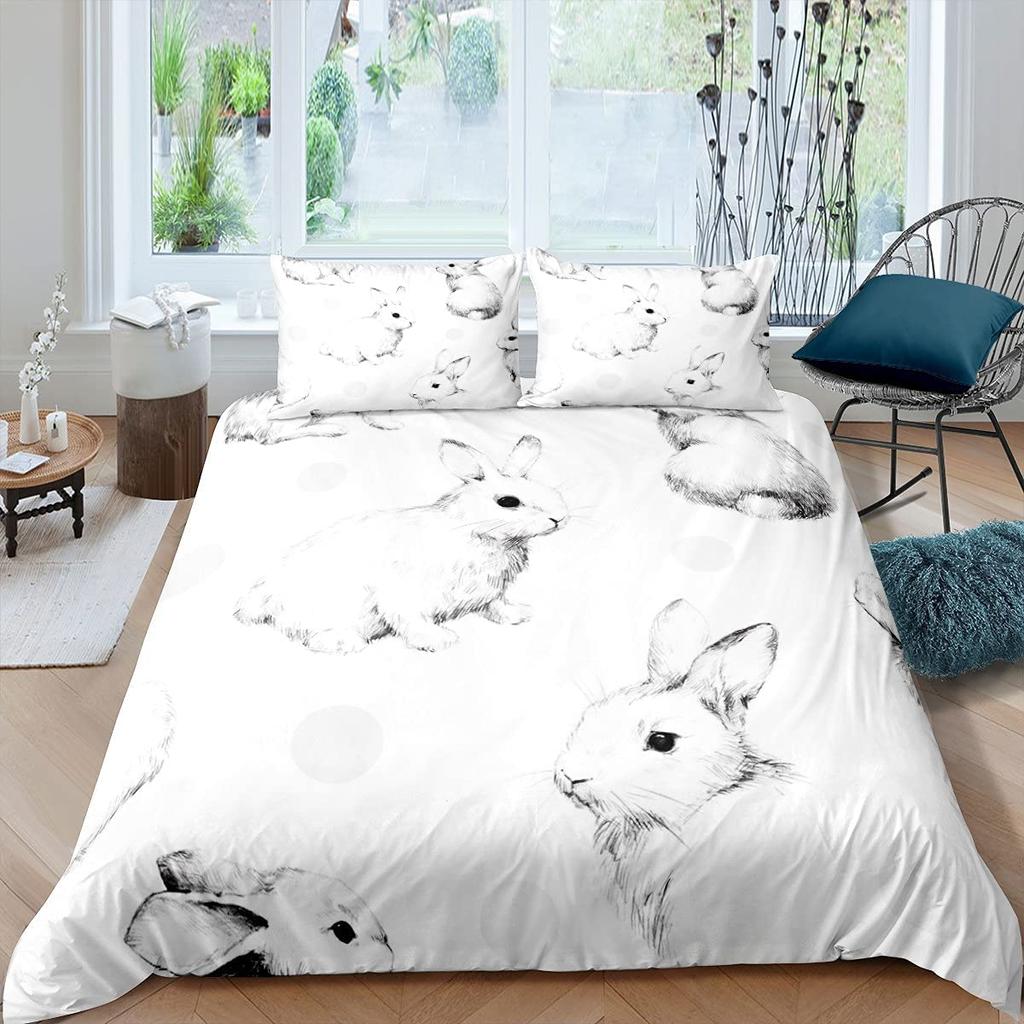 Rabbit Duvet Cover Set Polyester Comforter Cover Twin Size,Pink Floral For Girls Women Cute Bunny Bedding Set With Pillowcase