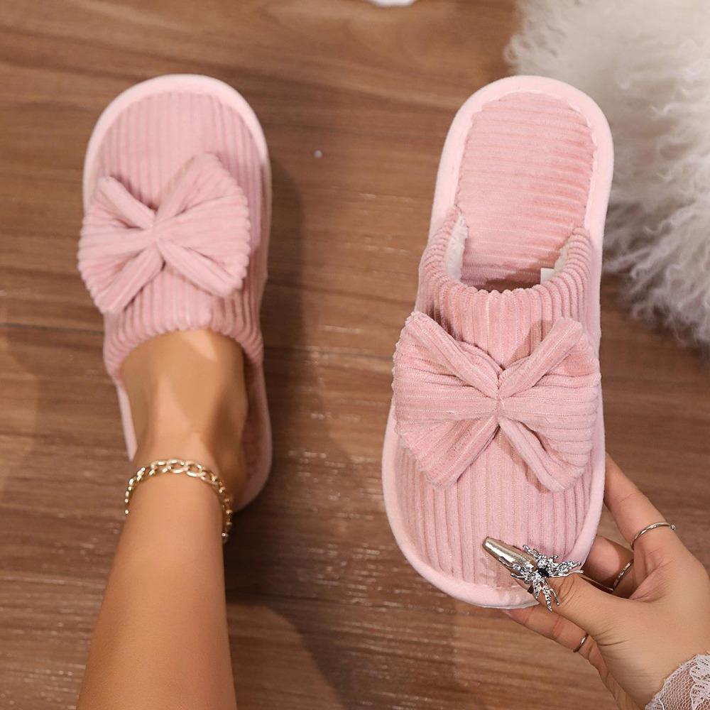 Cute Bowknot Soft Sole Fuzzy Slippers, Winter Cozy & Warm Slip On Plush Shoes, Comfy Closed Toe Home Slippers