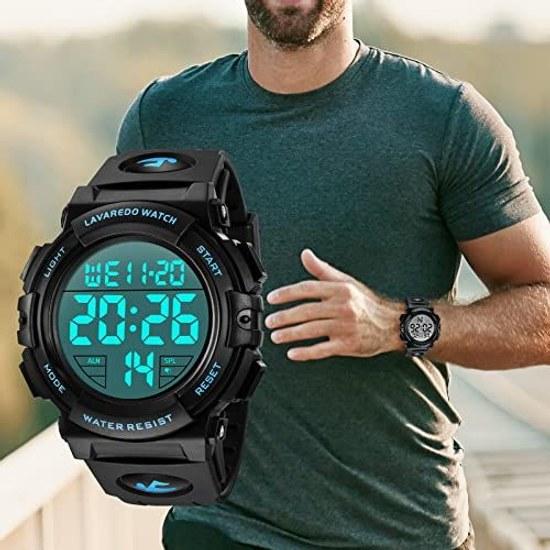 Mens wristwatch digital 50 meters water-resistant date day week alarm LED display multifunctional sports watch stylish outdoor includes instruction
