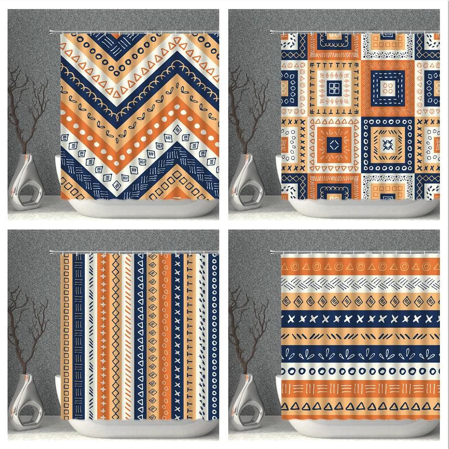 Bohemian Shower Curtain Waterproof Orange And Blue Stripe Lattice 3Dprint Cloth Bathroom Curtains Bath Screen Set Bathtub Decor