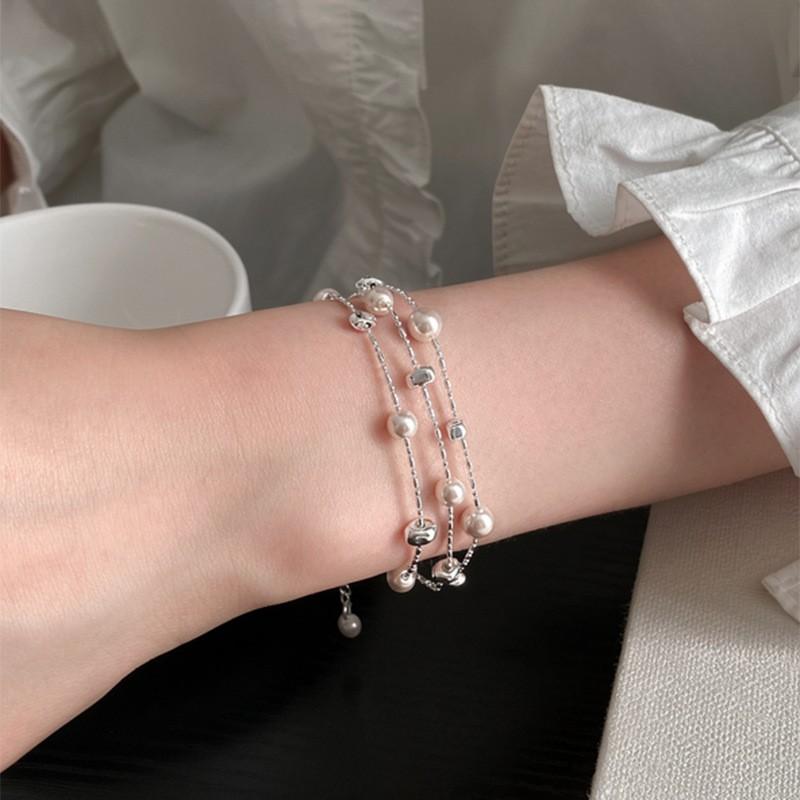 Elegant Pearl Bracelet Women Minimalist Geometric Design Stackable Pink Tone Lightweight Luxury Everyday Jewelry
