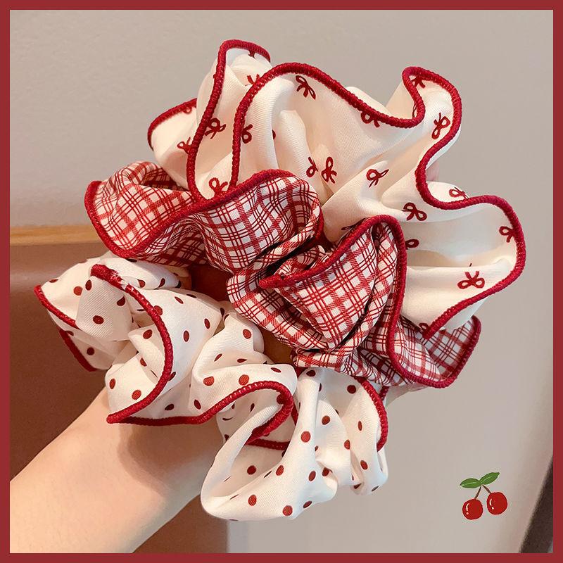 2/3Pcs High End Red Cute Dot Plaid Scrunchies For Women Girls Soft Elastic Hair Ties Hair Accessories