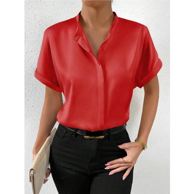 Sommer Satin Kurzarm Frauen Hemd Stehkragen Lose Beiläufige Büro Bluse Damen Einfache 2025 Neue Einfarbig Tops kleidung 3426