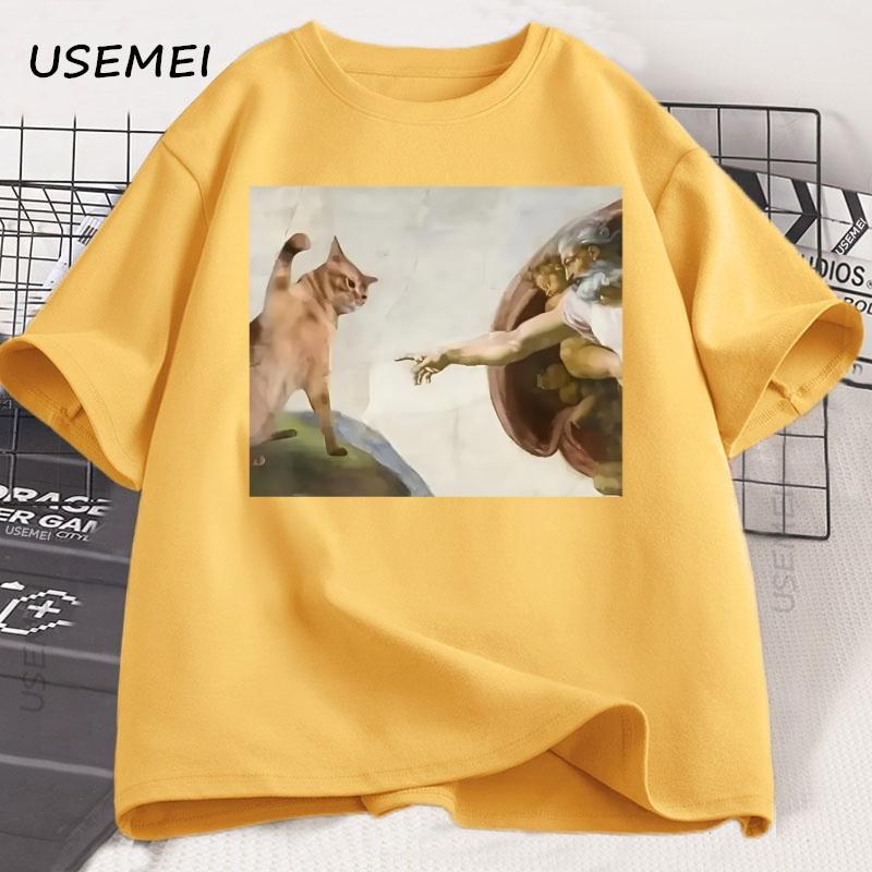 Funny Cat God Creation Of Adam Meme Tshirt Unisex Unisex Casuals Short Sleeve Jesus T Shirt Oneck Tshirt Cotton Vintage Tees