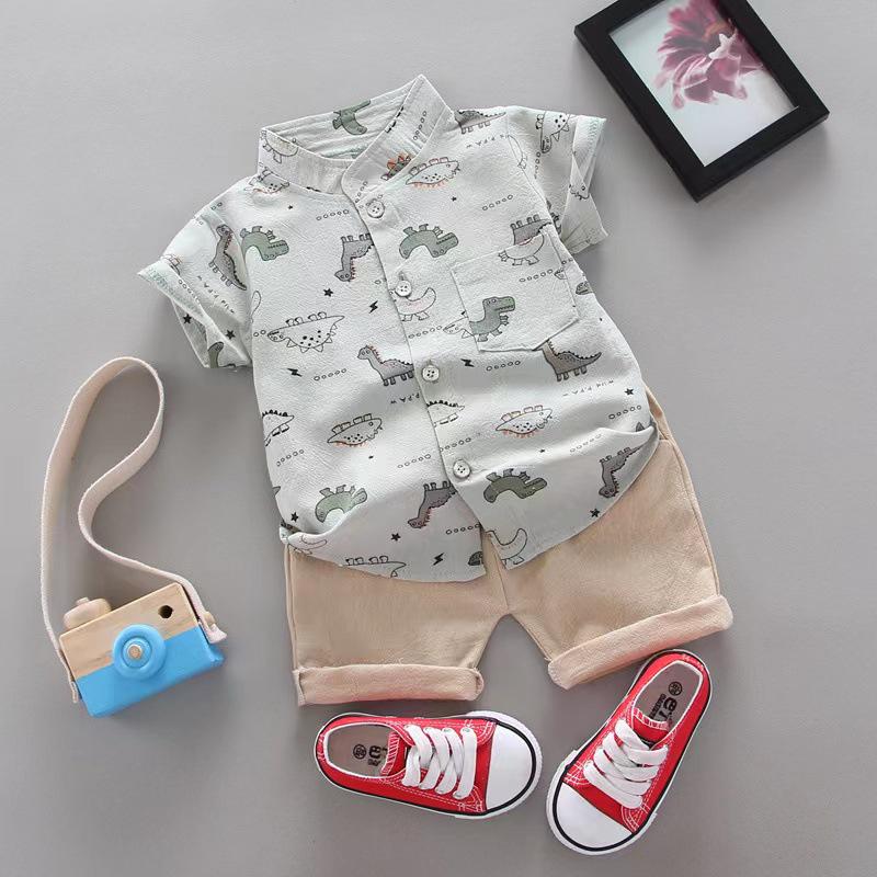 "Korean Style Children's Summer Outfit: Boys’ Dinosaur Cartoon Short Sleeve Shirt & Shorts Set"