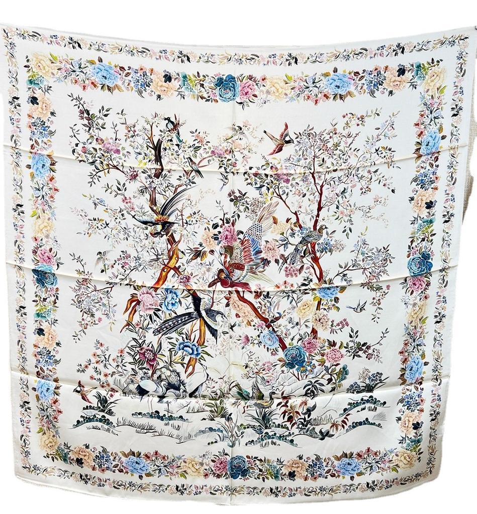 Birds And Flowers [Winter Garden] Mulberry Silk Plain Crepe Satin Silk Scarf Women'S Large Square Scarf 90 Small Shawl
