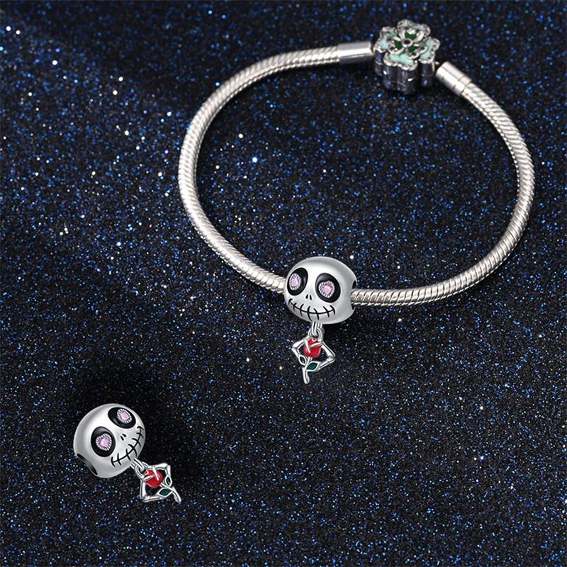 Halloween Party Copper Gothic Cute Skeleton With Rose Beads Fit Charms Diy Bracelet For Jewelry Making Women Gift