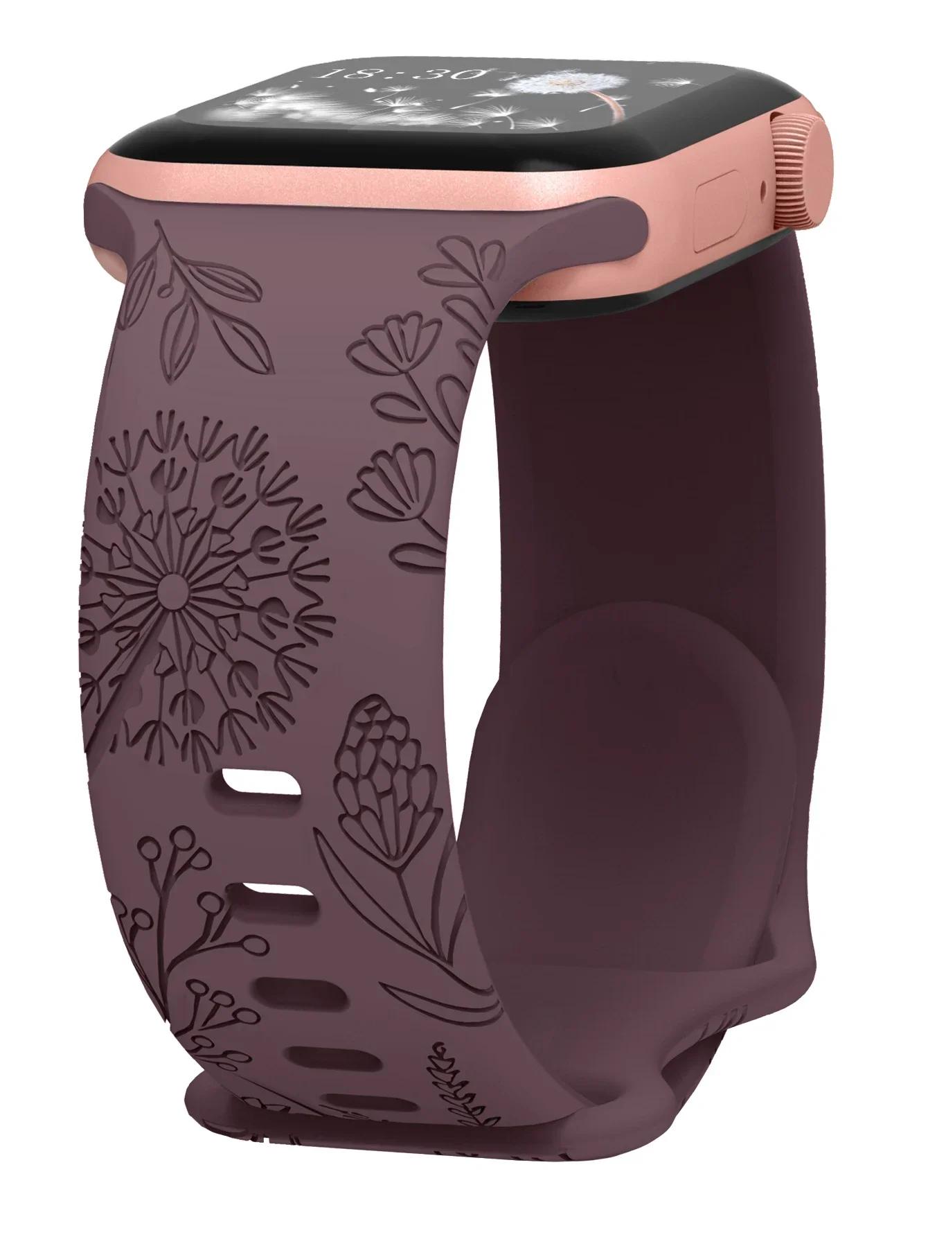 

Силиконовый ремешок для Apple Watch Band 49 мм, 45 мм, 44 мм, 42 мм, 41 мм, 40 мм, 40 мм, браслет с гравировкой и цветочным рисунком iwatch series 9 7 ultra 2 se 3 6 8 5 4 For 42mm 44mm 45mm