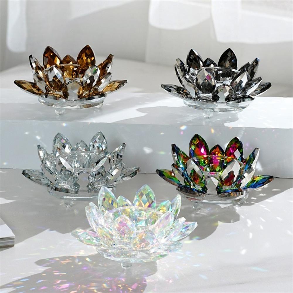 New Lotus Candle Holder Glass Crystal Tealight Candlestick Clear Figurines Home Ornament Everlasting Lamp Base Party Decor