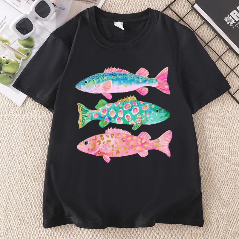 Preppy Fish Tshirt Unisex Summer Coastal Fish Beach Tshirts Causal Round Neck Printed Cotton Short Sleeve T Shirts Unisex Tops
