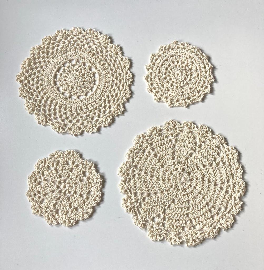 Milkcat Natural Color Set of 4 Hand-Knitted Cotton Lace Coasters, Round, Retro Afternoon Tea Display