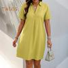 Women A-Line Dress V-Neck Lapel Short Sleeve Solid Color Summer Dress Loose Fit Lightweight Casual Dress