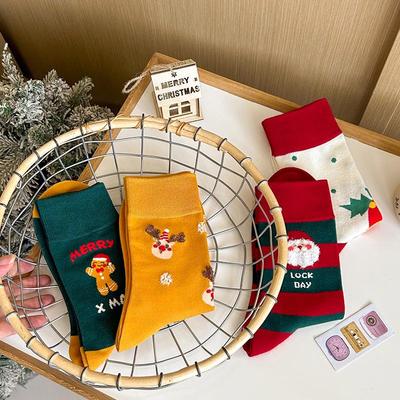 Holiday 2025 Women's Christmas Stockings - Red Mid-Calf Cotton Cartoon Socks, Trendy and Versatile.