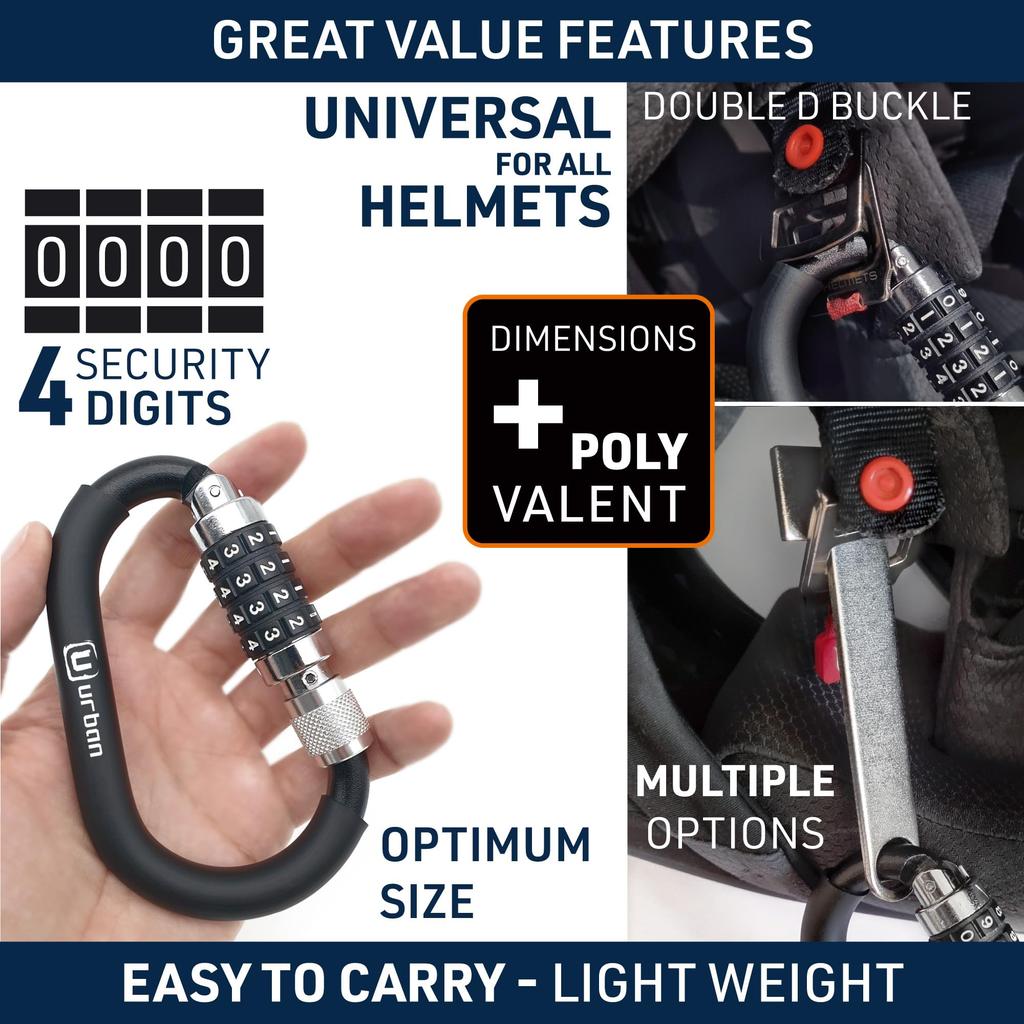 Urban UR140 Motorcycle Helmet Lock with Combination Carabiner Bicycle Carabiner Lock Helmet Buckle Cable, Anti-Theft Lock, Anti-Theft T-Adapter
