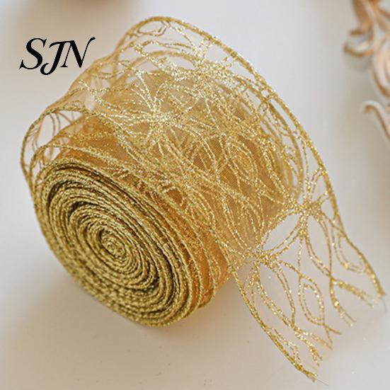 Festival Atmosphere Ribbon for Home Decor 2.5" x 2.2 Yards Gold Sheer Christmas Tree Decoration and Crisp Edge Wreath Making Gift Wrapping,
