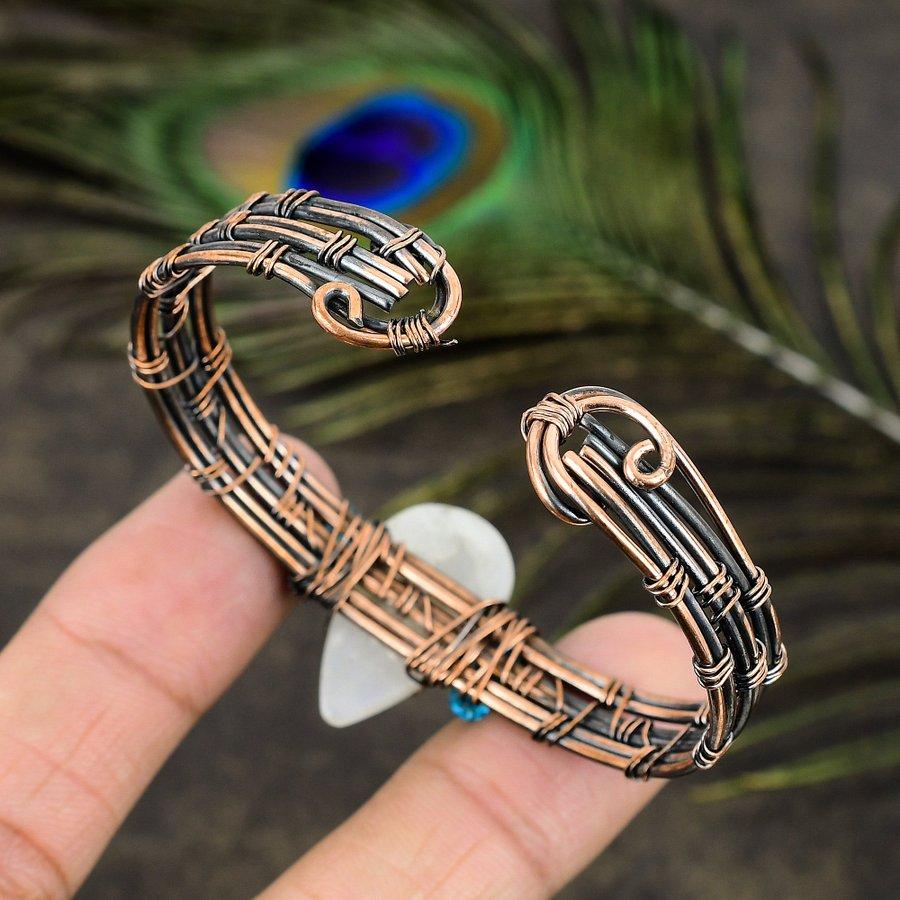 Natural Rainbow Moonstone Gemstone Copper Wire Wrap Cuff Bangle Adjustable C5g43