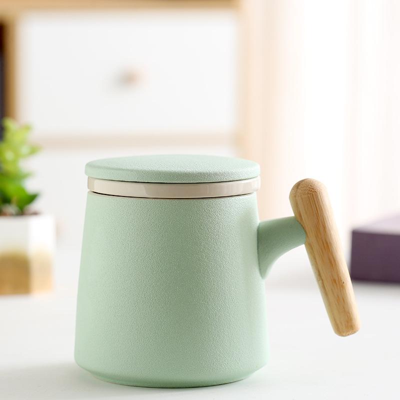 Ceramic Wooden Handle Mug with Lid Tea Separating Cup Office Water Cup Advertising Gift