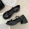 2025 French Mary Jane High Heels New Bow Leather Shoes Round Toe British Style Women's Shoes Comfortable Buckle Pumps
