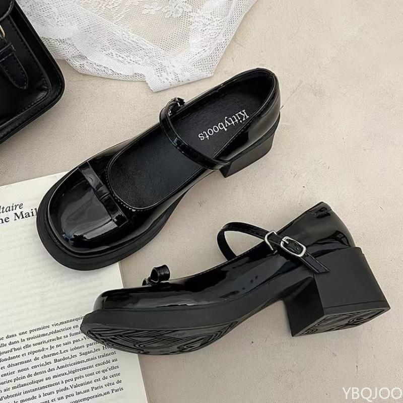 2025 French Mary Jane High Heels New Bow Leather Shoes Round Toe British Style Women's Shoes Comfortable Buckle Pumps
