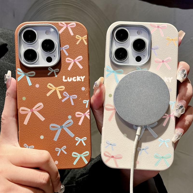 Lovely Bowknot Print Slim Matte for Magsafe Case For iPhone 16 Pro Max 15 14 Pro 13 12 11 Soft TPU Leather Texture Shockproof Magnetic Phone Cover