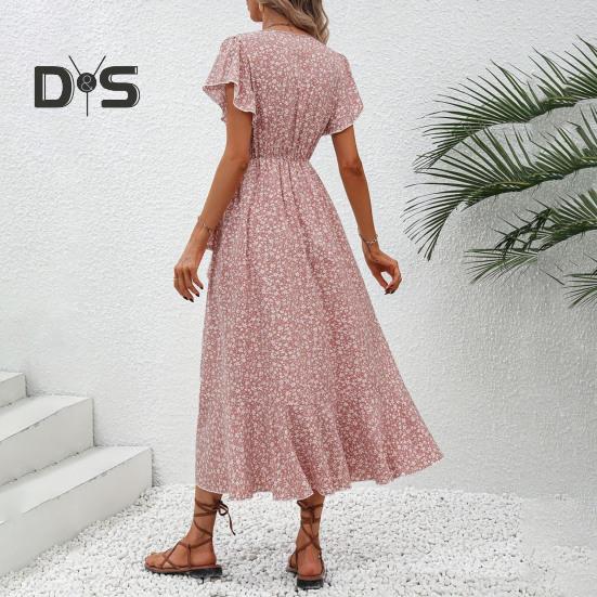 Summer Floral Maxi Dress for Women V Neck Short Sleeve Ruffle Hem Wrap Dress Boho Casual Split Flowy Beach Long Dress