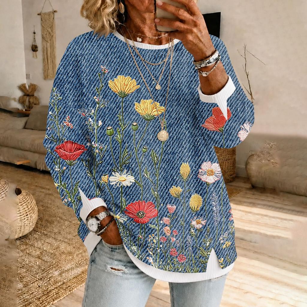 Women's Retro Floral Print Long Sleeve Pullover Top with Casual Round Neck