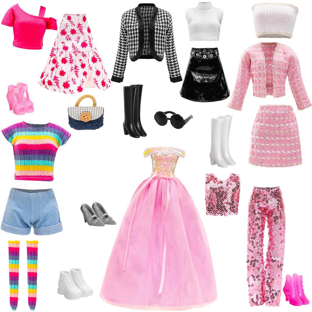 Barwawa 30cm Doll Clothes, Doll Dresses, 15 Sets = 6 Outfits + 6 Pairs of Shoes + 3 Accessories (Sunglasses, Bag, etc.) for 1/6 Dolls